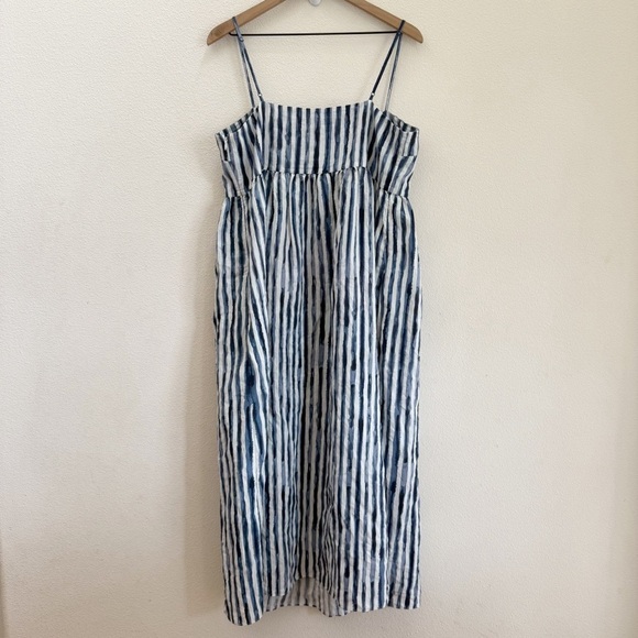Vince Painterly Stripe Ruched Dress In Coastal Blue 14 - Picture 9 of 9